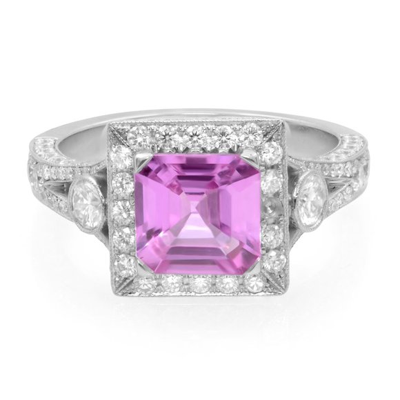 Asscher Cut Pink Sapphire Diamond Halo Engagement Ring Platinum 1.53ct Size 6 - Picture 3 of 6